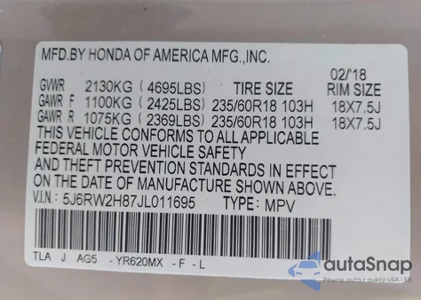 2018 Honda Cr-V Ex-L/Ex-L Navi из США, поврежденный, VIN 5J6RW2H87JL011695